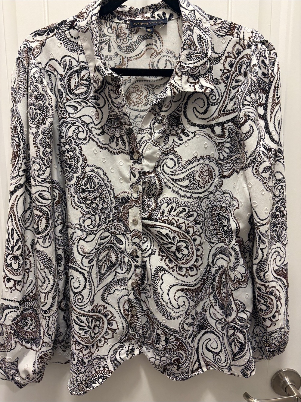 Adrienne Vittadini XL Paisley Button Front Blouse Pleated Shoulder Dobby